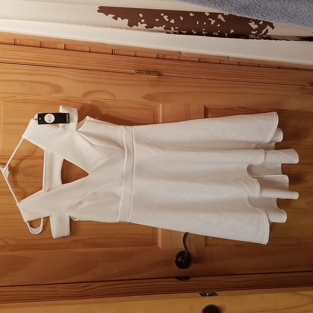 Ivory Medium Bardot Strap Plunge High Low Dress.